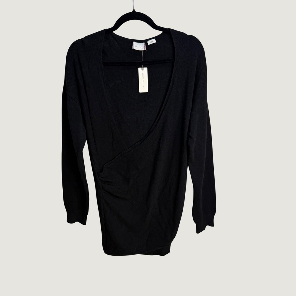 Anthropologie Postmark Black Faux Wrap‎ Knit Tunic Sweater Womens M Quiet Luxury
